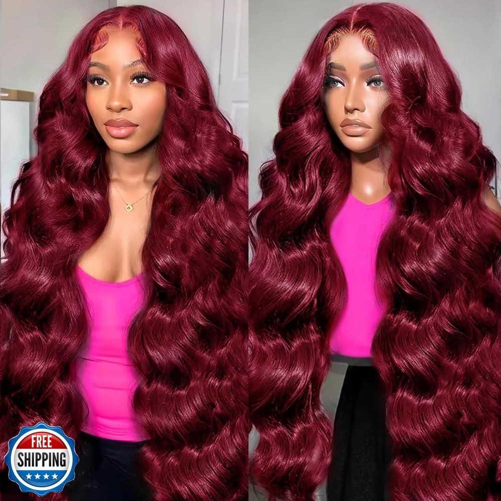 Burgundy 30 Inch 13x4 Lace Front Wig Human Hair Body Wave by Dewyigs 99j