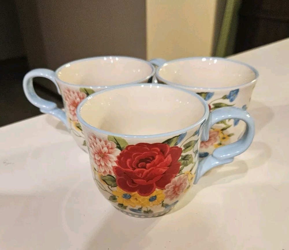 Pioneer Woman Sweet Rose 14.5 Oz Light Blue Ceramic Floral Mugs Set of 3