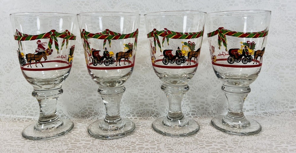 Chuck Fischer Christmas Carriage Taxi Design Set Of 4 Goblet Water Glasses