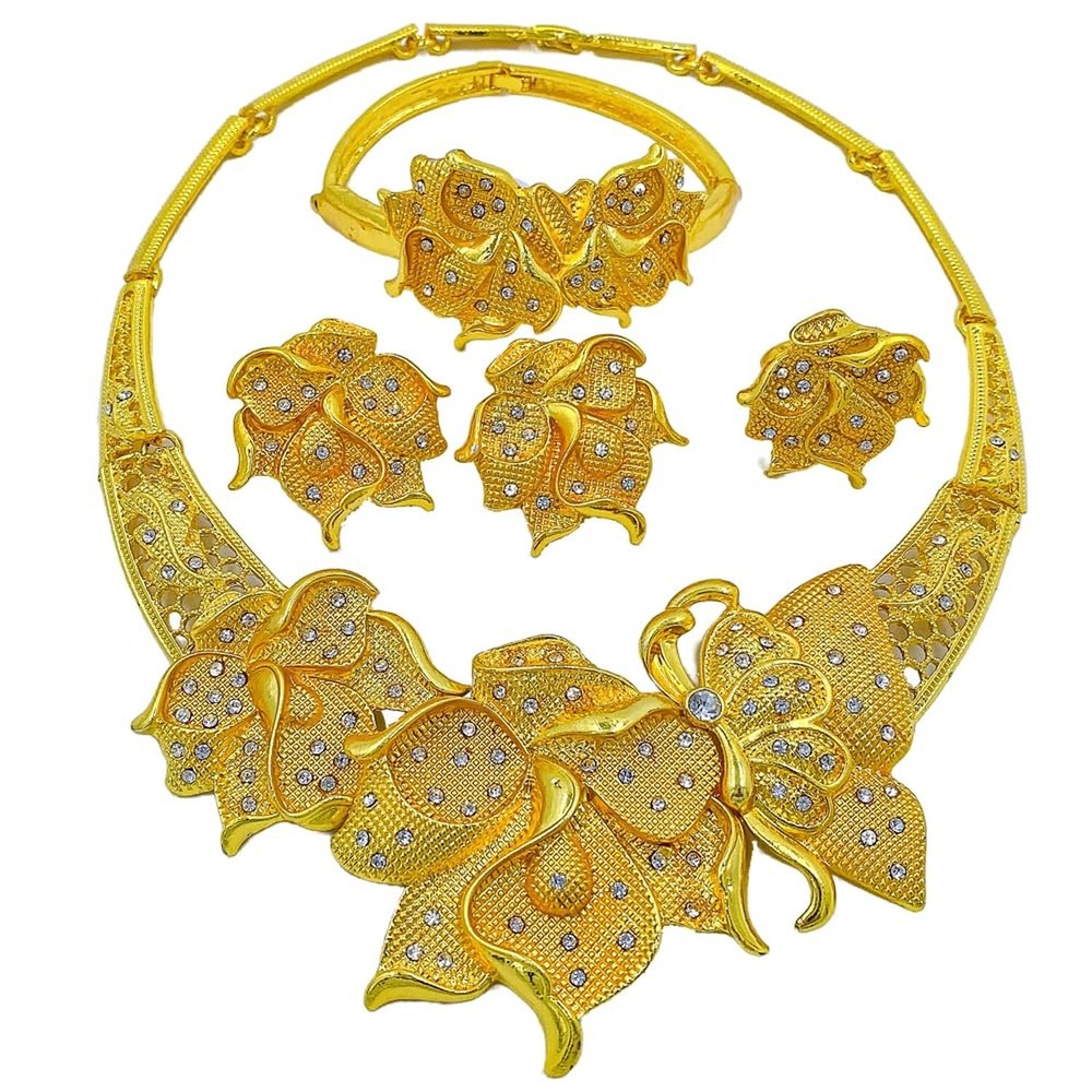 Gold Necklace Jewelry Set Dubai Gold Bracelet Earrings Ring Accessories Brida...