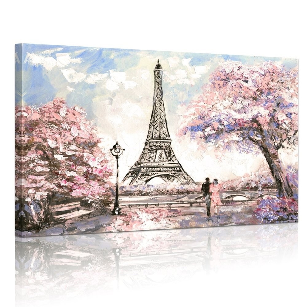 Visual Art Decor Pink Paris Canvas Wall Art Romance Couple Pink Blossoming Ei...-image