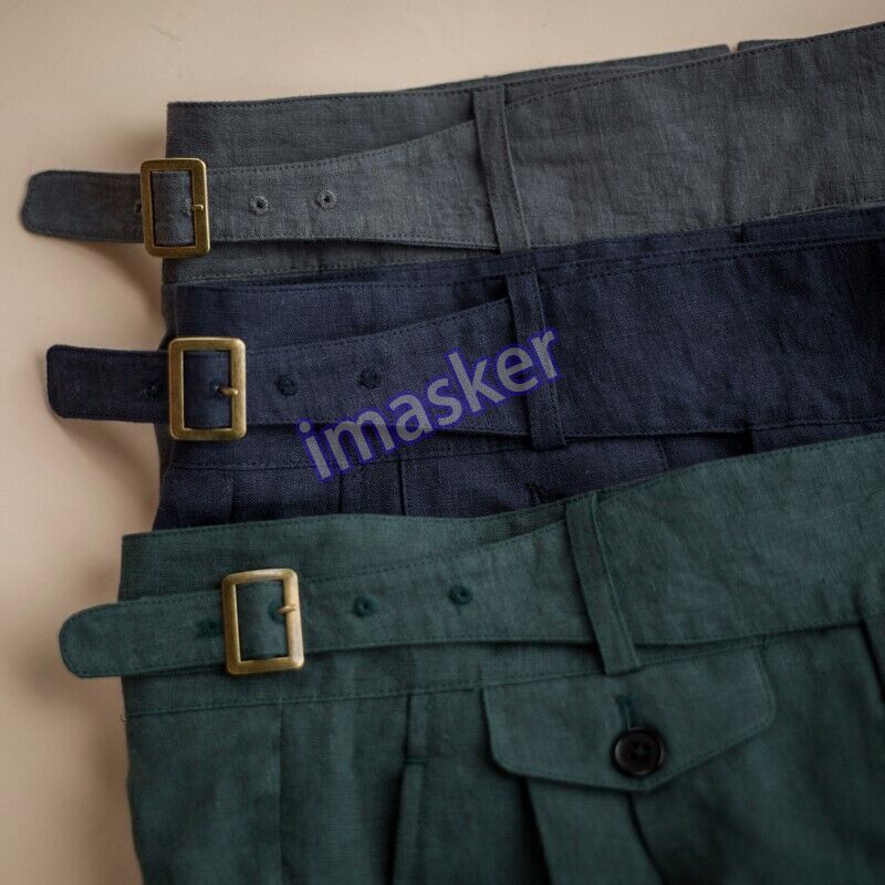 Retro Gurkha Linen Pants High Waist Straight Leg Casual Trousers Belted