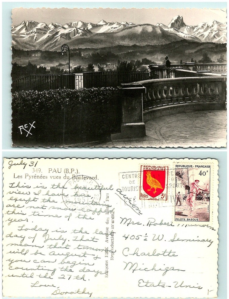 S02-2559, LES PYRENEES VUES DU BLVD, PAU, FRANCE 1950S TO USA. RPPC