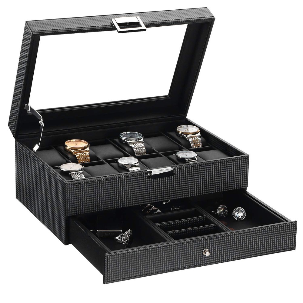 Watch Box Organizer 12 Slot Watch Case with Valet Drawer, Mens Watch Display ...