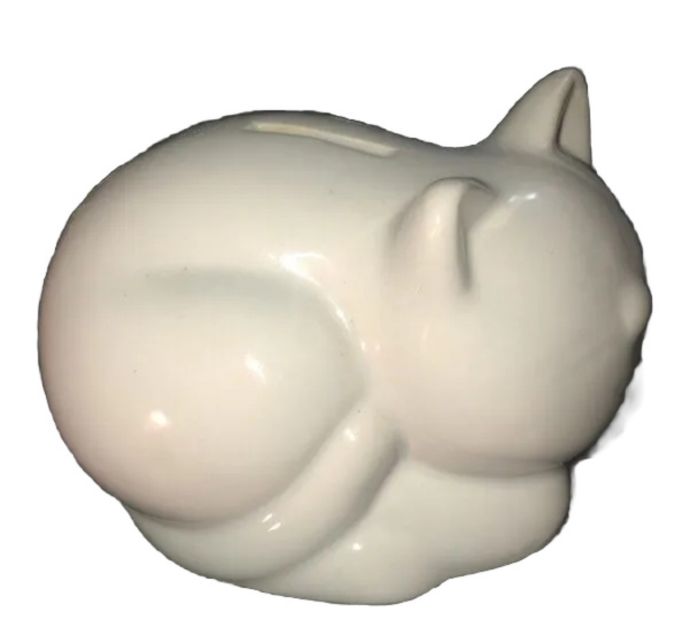 Ceramic Cute White SLEEPING CAT Figurine Bank