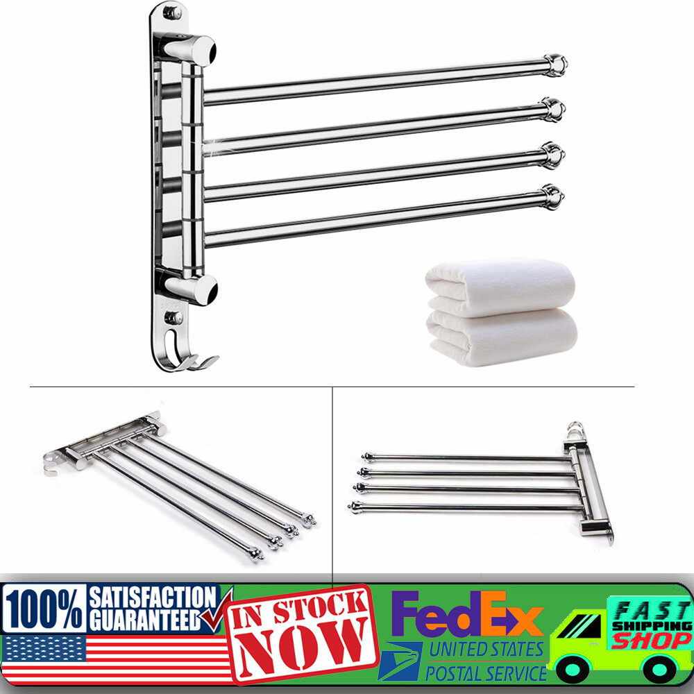 Bathroom Towel Rail Rack Holder 4 Swivel Bar Wall Hanger Shelf Stainless Steel
