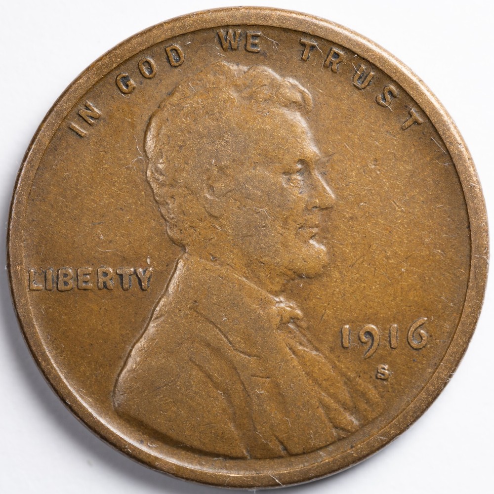 1916-S Fine (F) Lincoln Wheat Penny Cent, San Francisco Mint