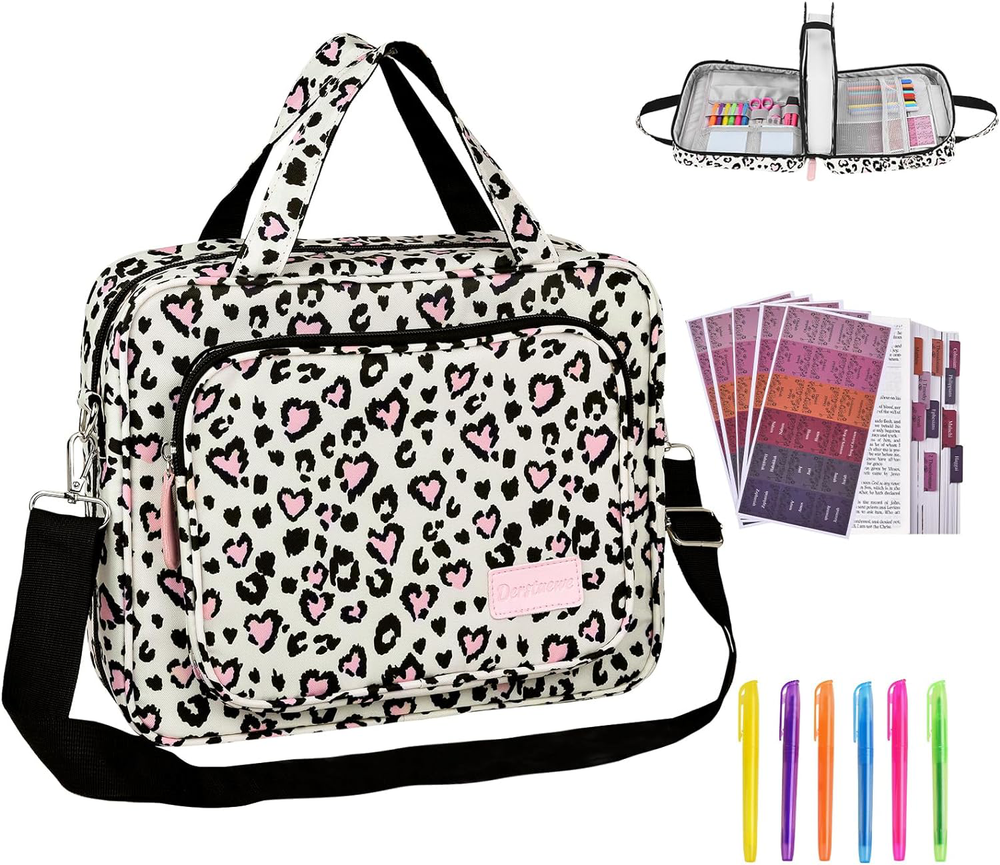 Bible Cover Case for Women with Handle, Zipper Pocket, Black Flower Design