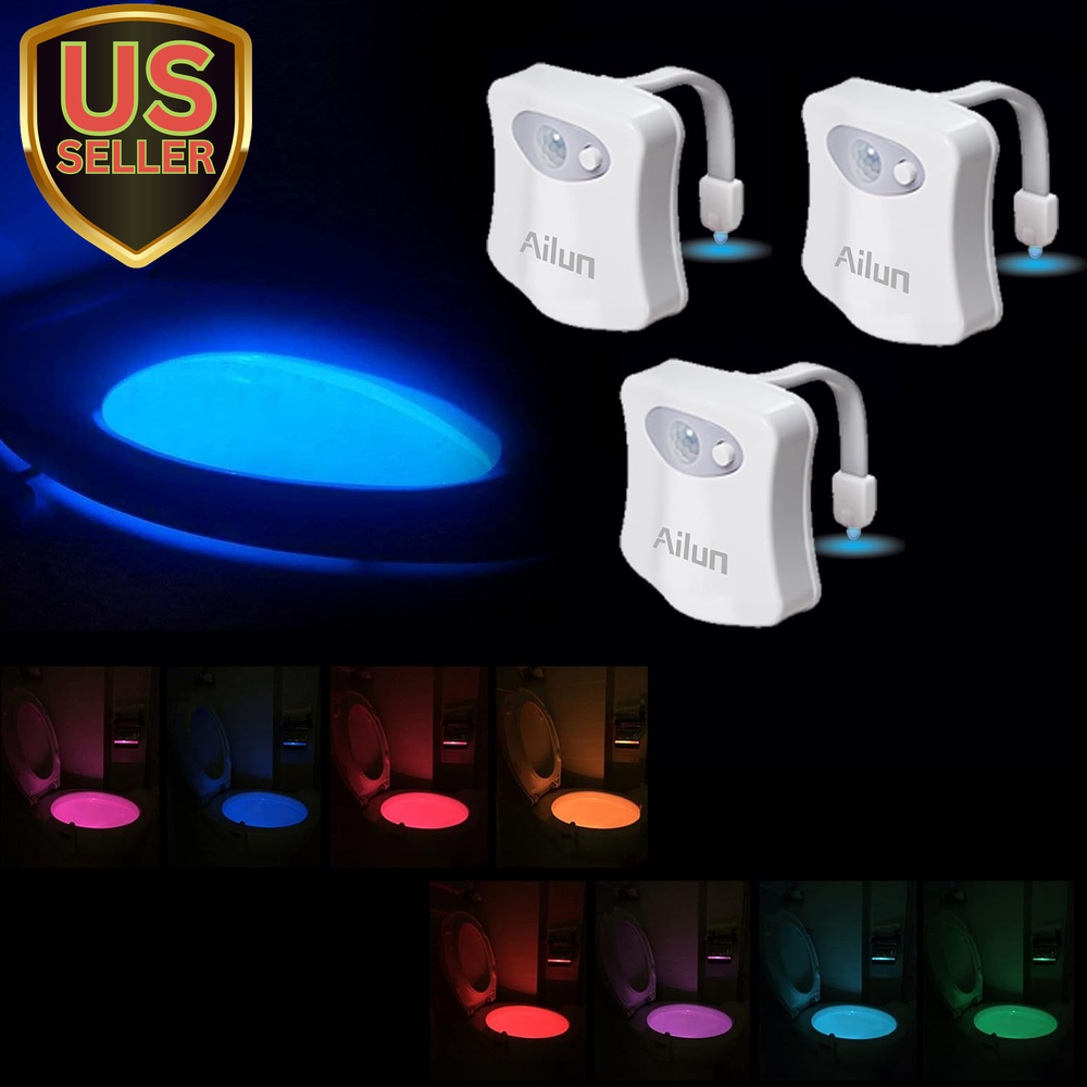 Toilet Night Light 3Pack Motion Activated LED Light 8 Colors Changing Toilet ...