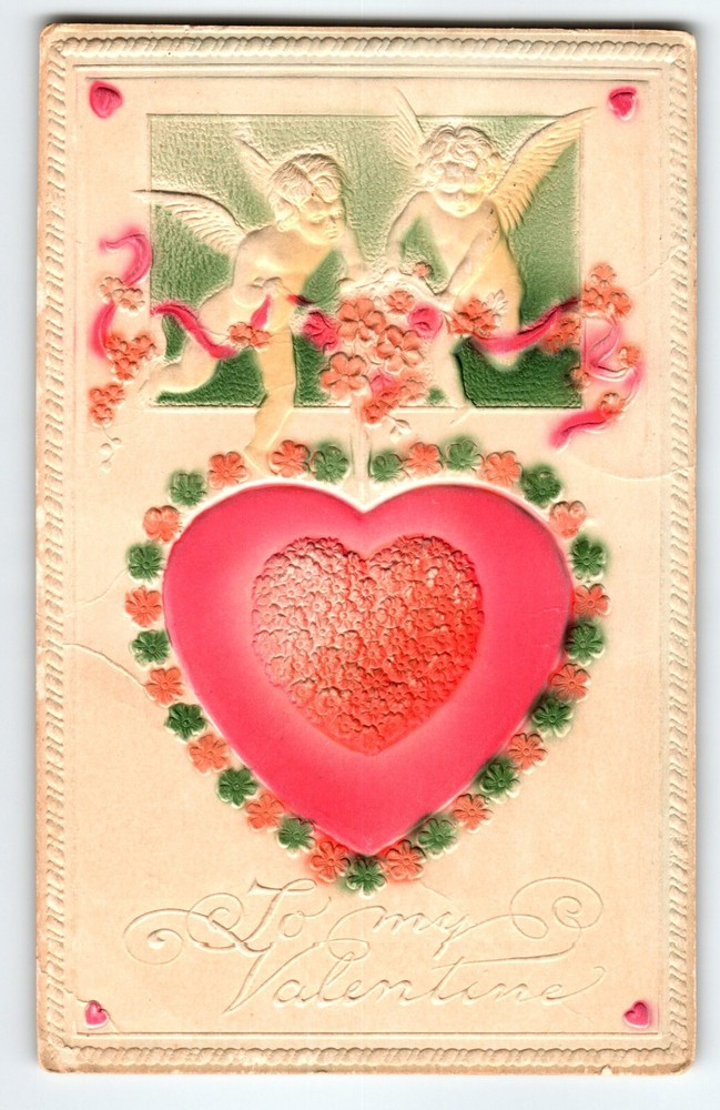 Valentine Postcard Airbrush Cherub Angels Embossed Vintage Heart Flowers Antique