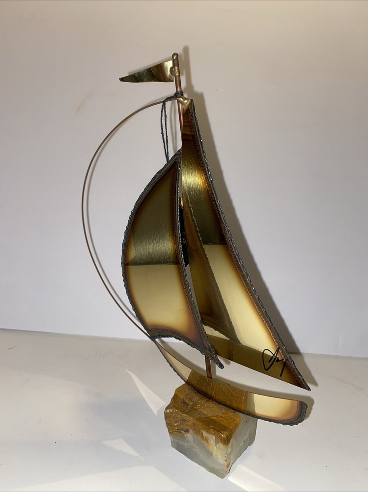 Vintage MCM Mario Jason Brass Onyx Sail Boat Sculpture Art Hand Signed Nautical