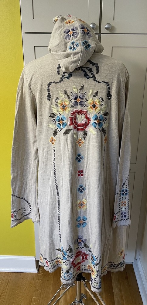 BIYA JOHNNY WAS Embroidered Cross Stitch Hooded Duster Cardigan Boho Sz M Cream