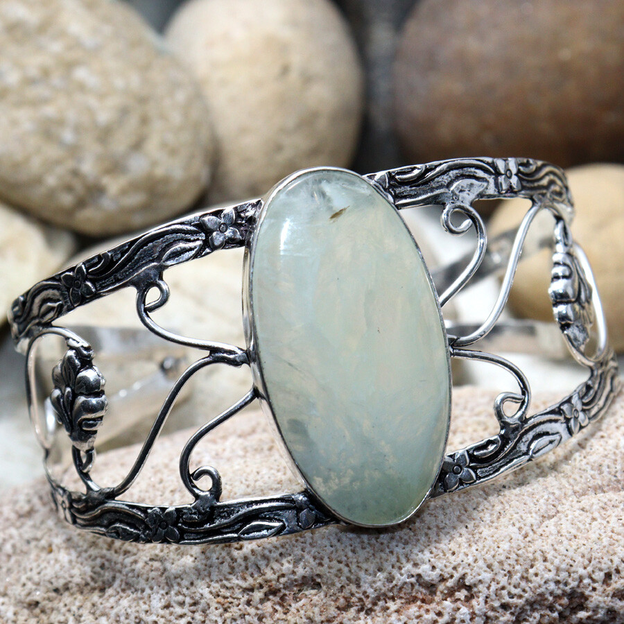 Brazalete enchapado en plata 925 enorme prehnita étnico 37x20 mm joyería tamaño 6,5