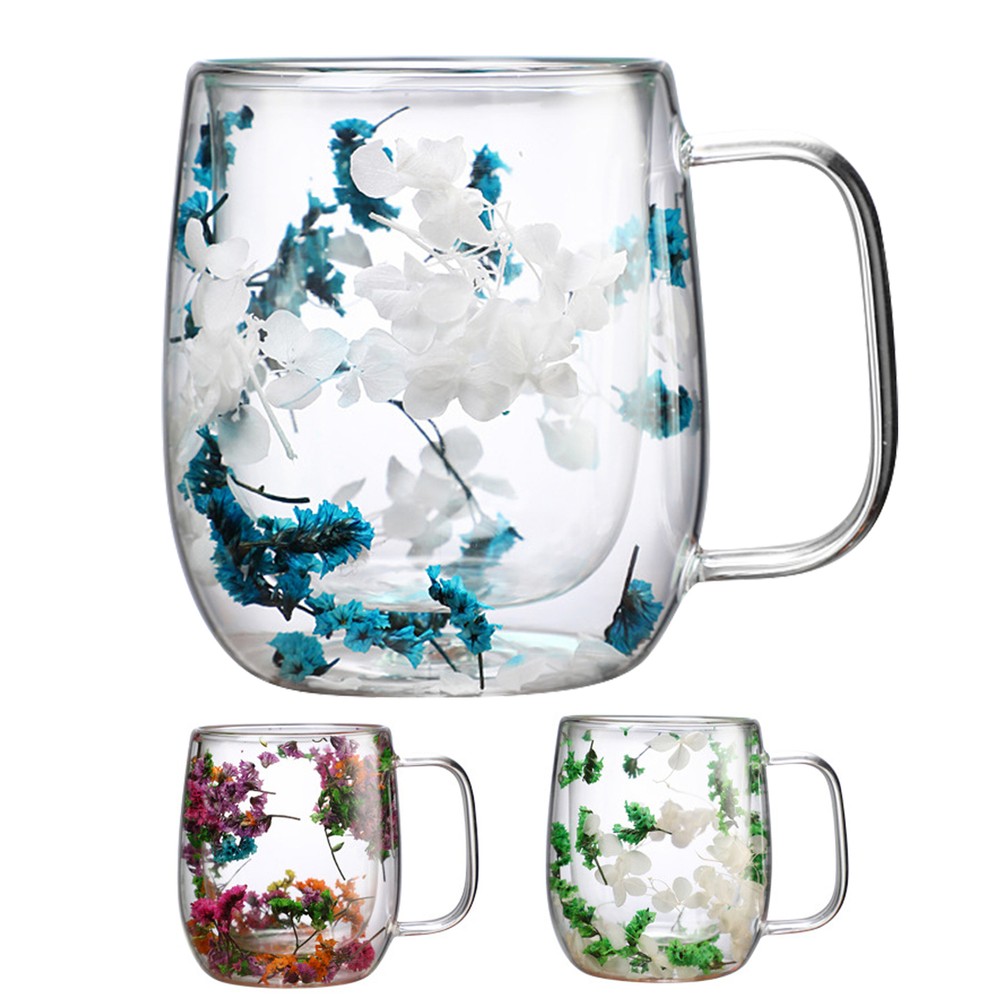 Floral Double Wall Glass Cup Heat Resistant for Tea Coffee Gift