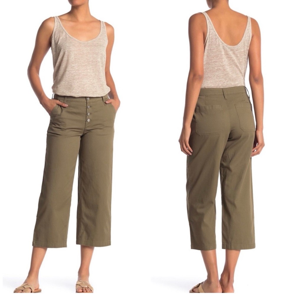 J Crew Olive Green Wide Leg Button Fly cropped pants Sz 14