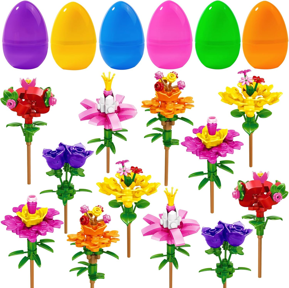 12PCS Easter Flower Building Blocks with Easter Eggs Toys Building Brick Blocks