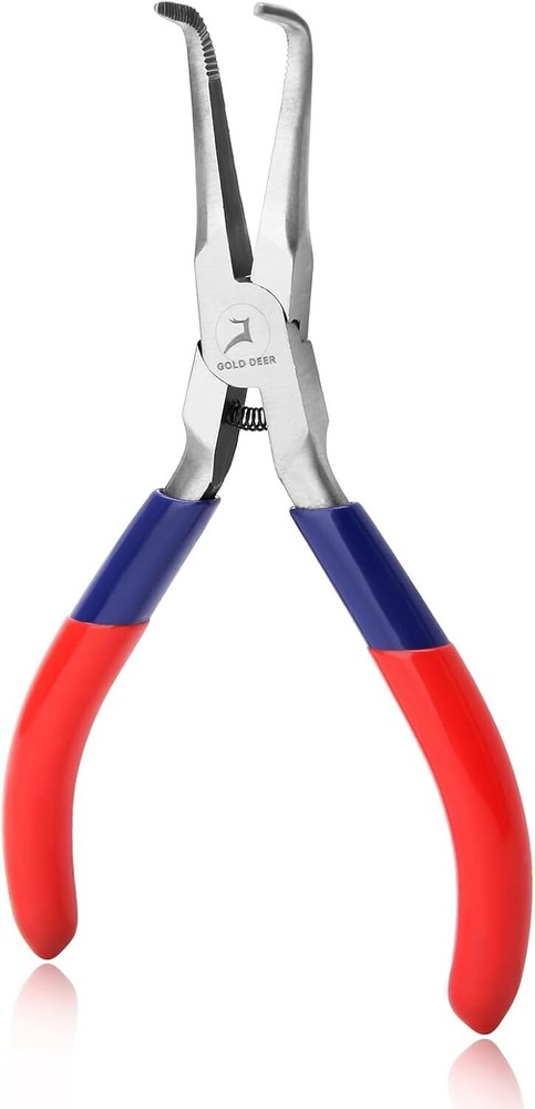 Bent Needle Nose Pliers with Serrated Jaw Mini Long Handle Tool in Blue & Red