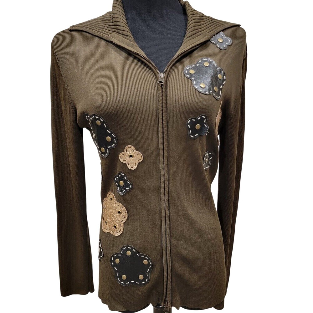 Michelle Nicole Floral Stud 3D Zip Sweater Jacket Medium Cottagecore Retro Style