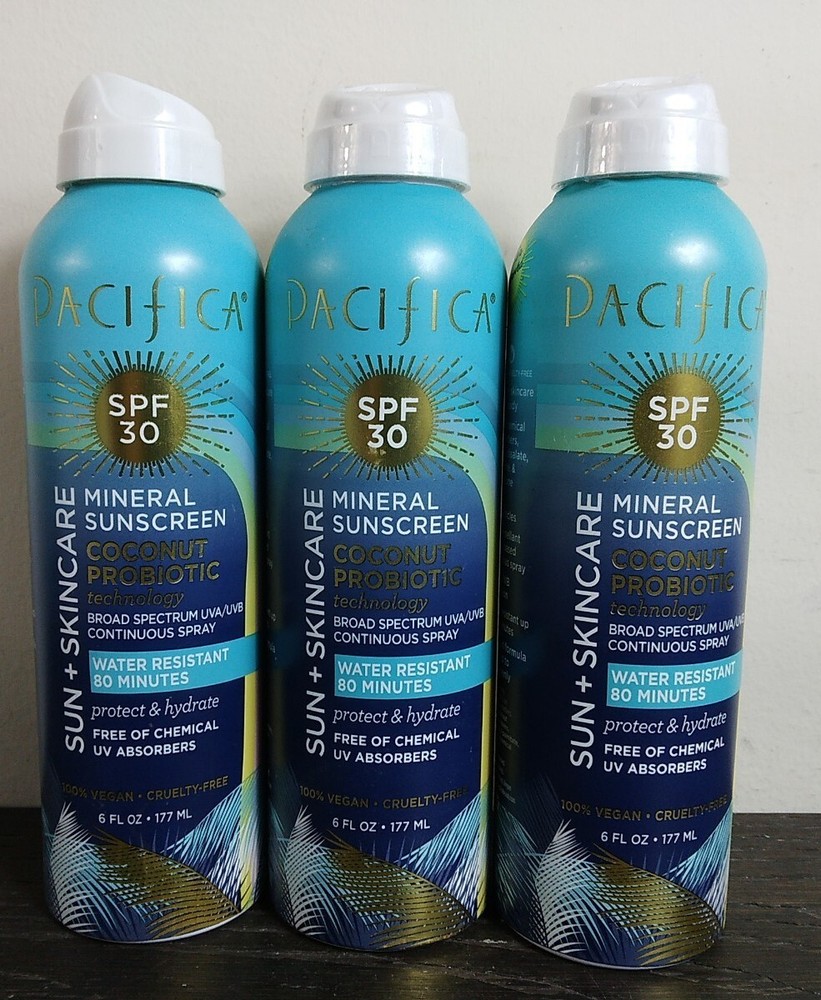 3 Pack Pacifica Coconut Probiotic Mineral Sunscreen Spray SPF 30 6 Fl Oz