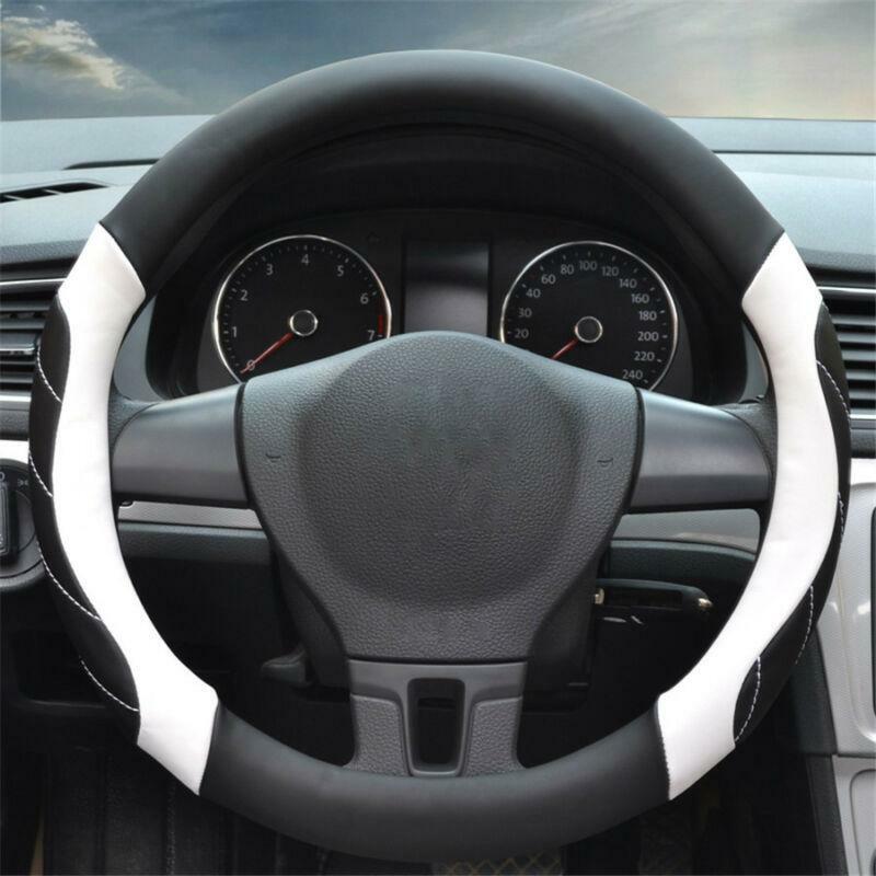 38cm Non-slip Car Steering Wheel Cover Black Faux Leather White Stripe Universal