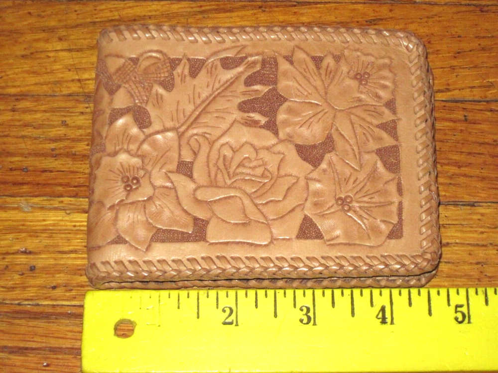 Vintage Brown Floral Pattern Embossed Tooled Men's Leather Bifold Wallet New
