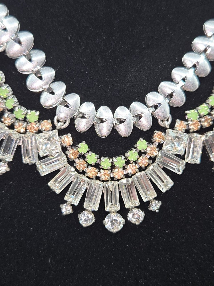 Stella & Dot Statement Necklace Clear, Pink & Green Rhinestones With Earrings
