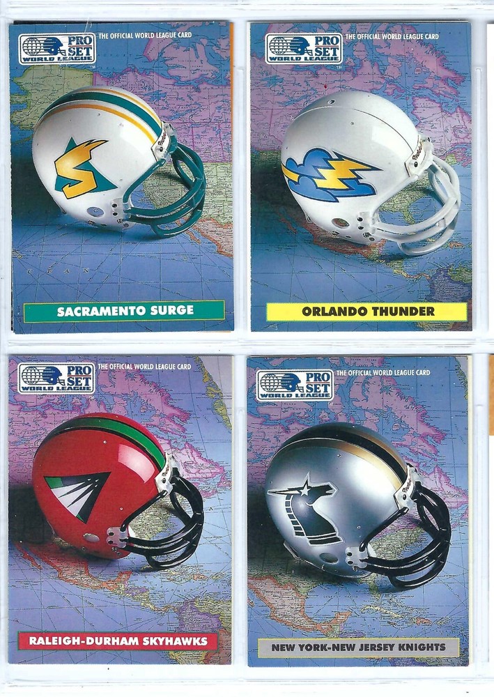 (4) CARD LOT- 1991 PRO SET WFL HELMET CARD LOT-BUY NOW-NJ KNIGHTS + OTHERS-image