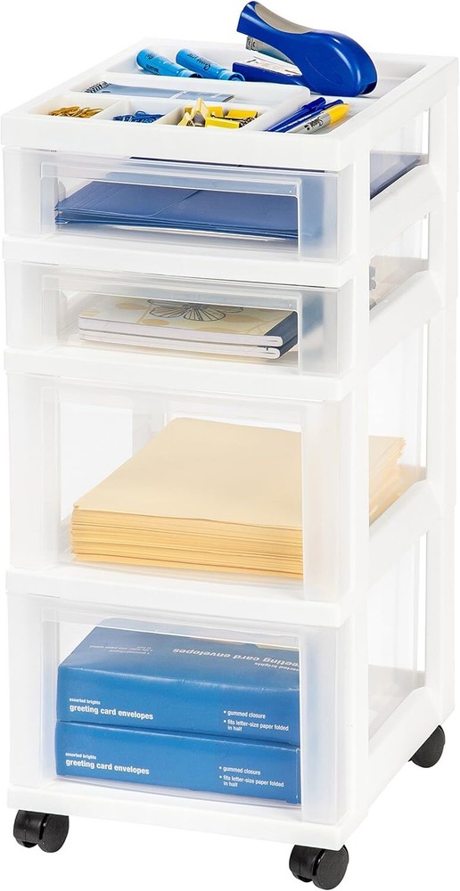 Plastic Drawer Storage Organizer Rolling Cart, White/Clear