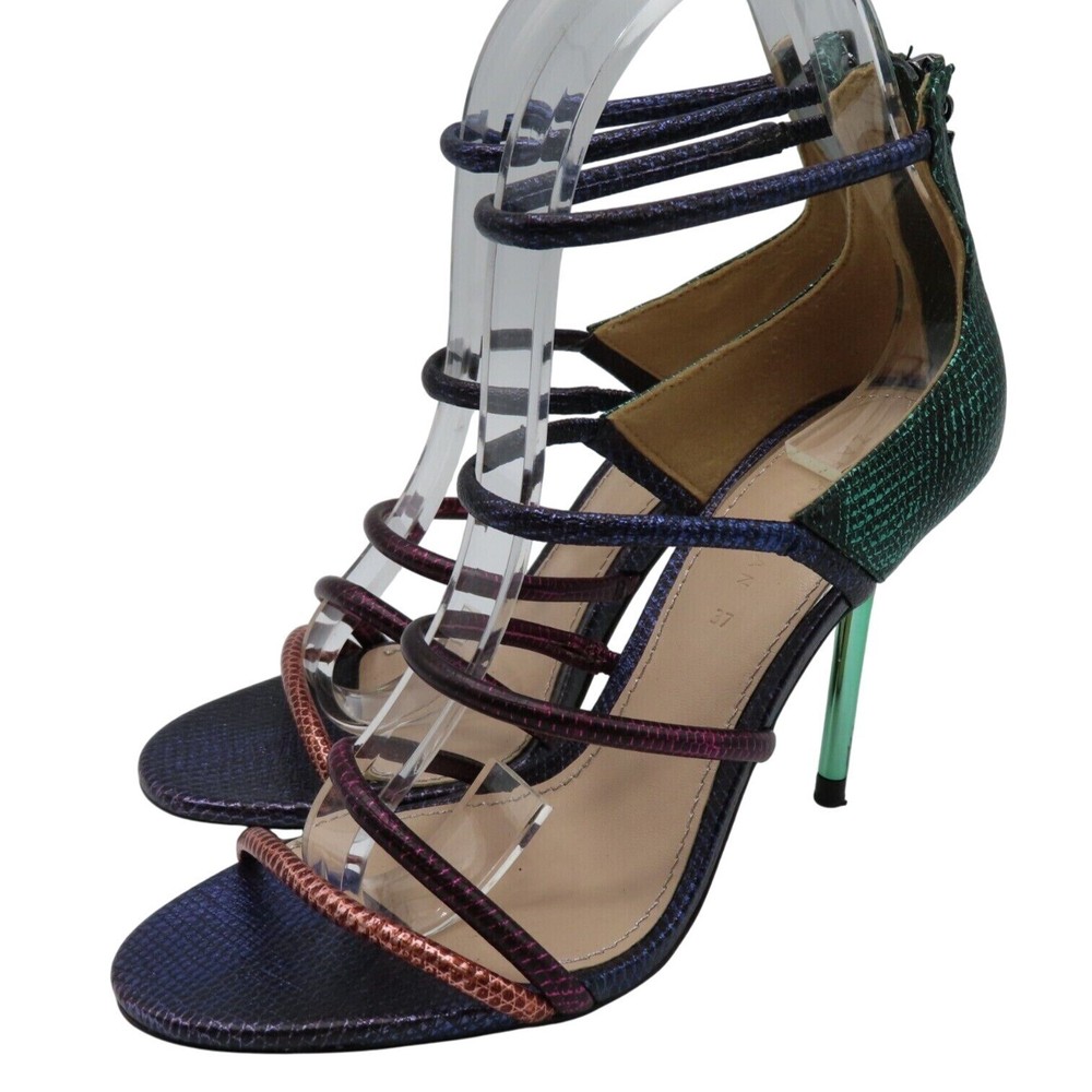 Zara Womens 6.5 US 37 Multiolor Rainbow Mermaid Strappy Snakeskin Heel Sandals
