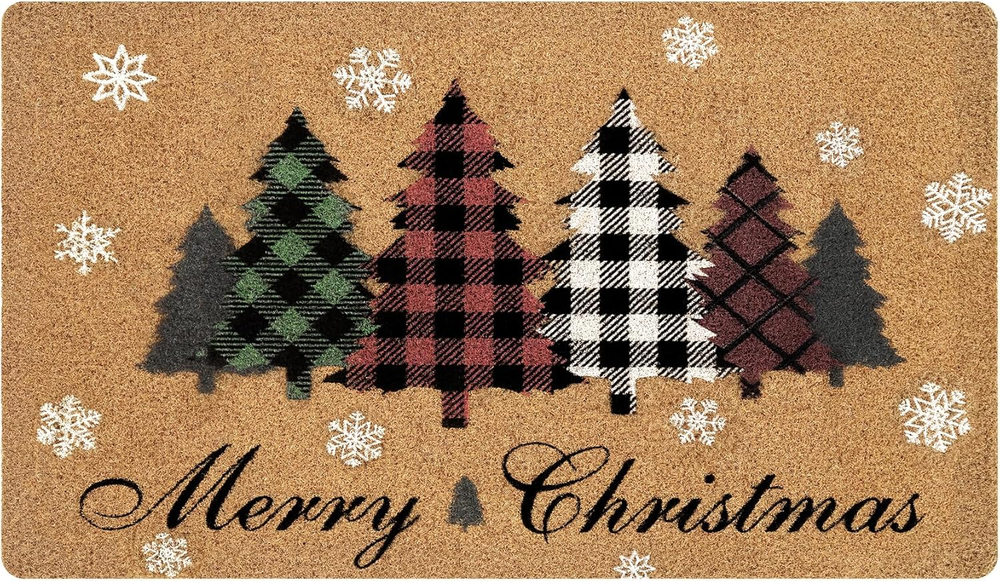 Merry Christmas Door Mat Outdoor, Christmas Trees Coir Christmas Welcome Mat, No
