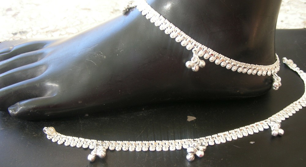 Handmade Pure Silver Indian Payal Anklet Pair 23.4g 9 Inch Free Shipping-image