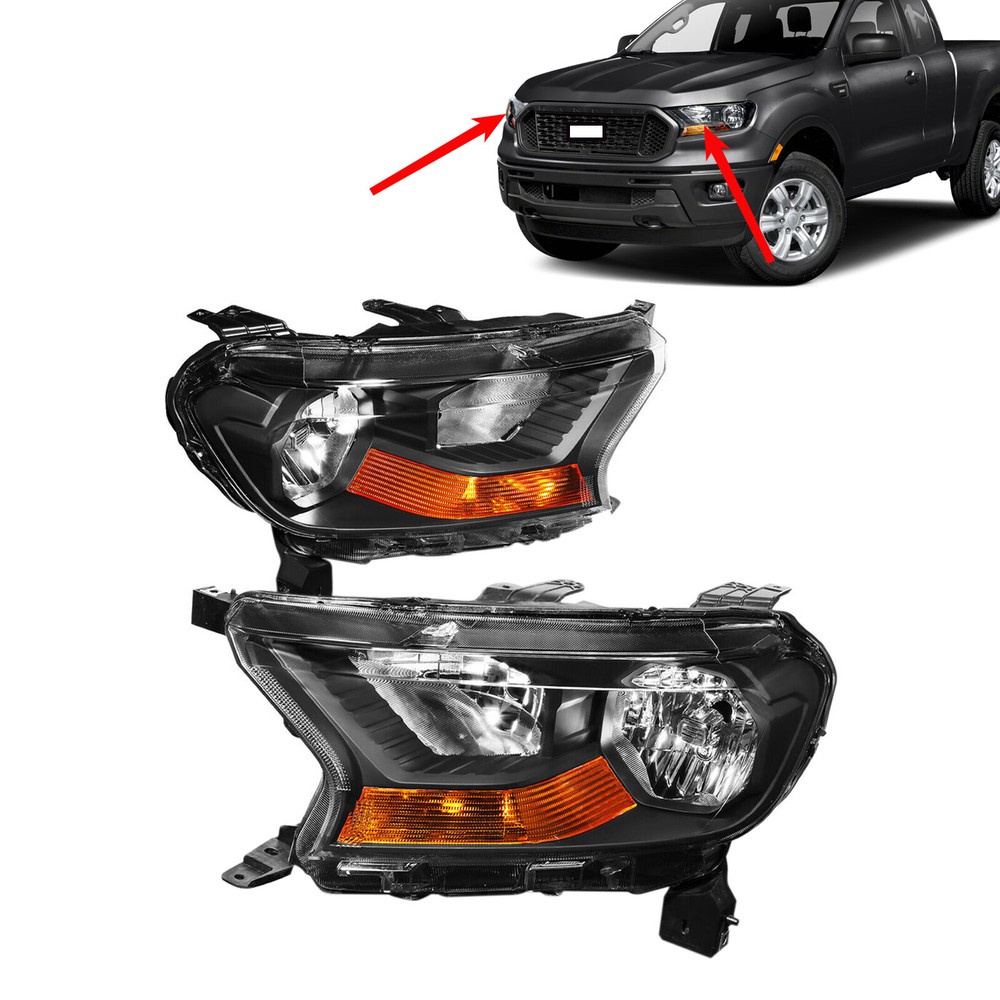 Fits 2019-23 Ford Ranger HeadLamps W/ Amber Reflector Black Bezel Clear Lens Set