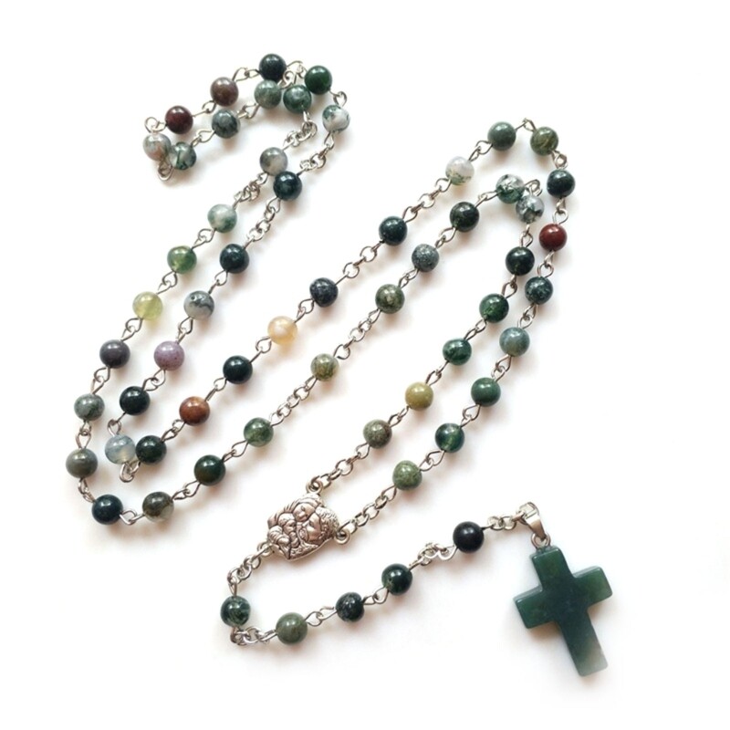 Natural Agates Cross Rosary Necklace Bead Hangable Pendant for Women Men