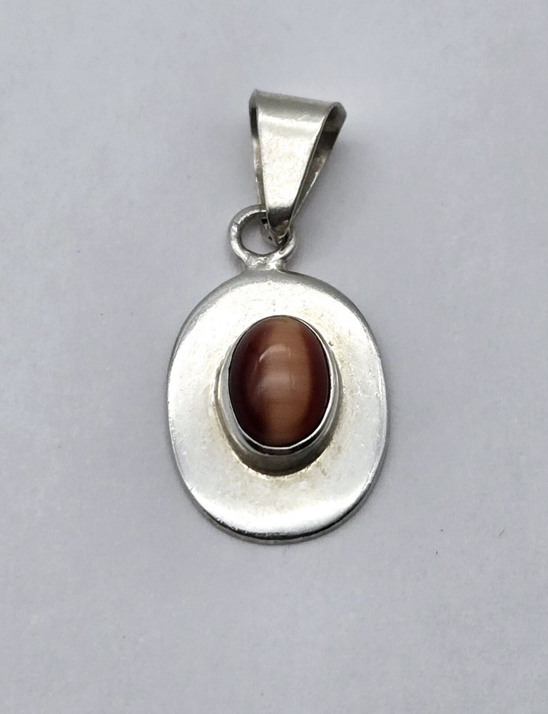 Vintage Sterling Silver Taxco Cats Eye Chrysoberyl Gemstone Inlay Pendant - 2.2g