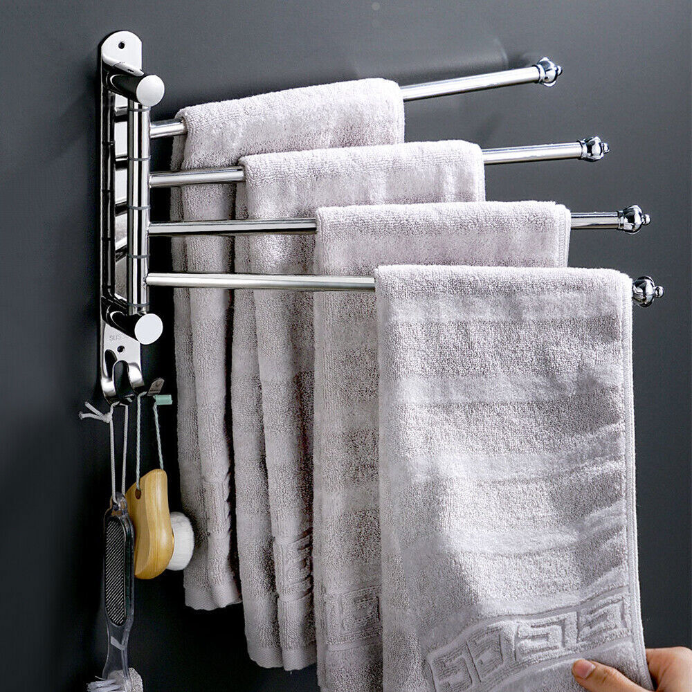 Bathroom Towel Rail Rack Holder 4 Swivel Bar Wall Hanger Shelf Stainless Steel