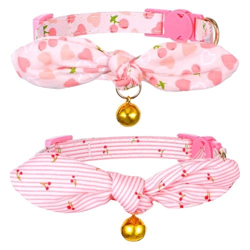 2pcs Cat Collars Breakaway with Bells, Adjustable Cats Collar with Bow Cat Pink