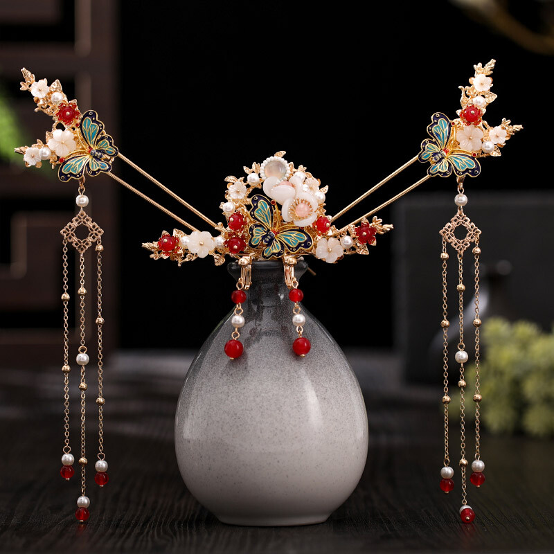 Chinese Hairpins Butterfly Flower Pearls Tassel Step Shake Clip Hair Earring Set