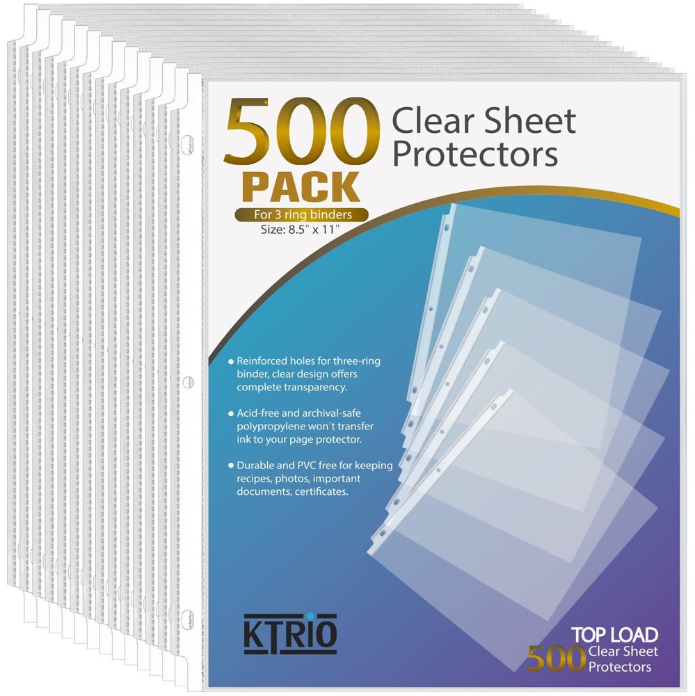 KTRIO 500 Pack Sheet Protectors 8.5 x 11 inch, Clear Page Protectors for 3 Ri...