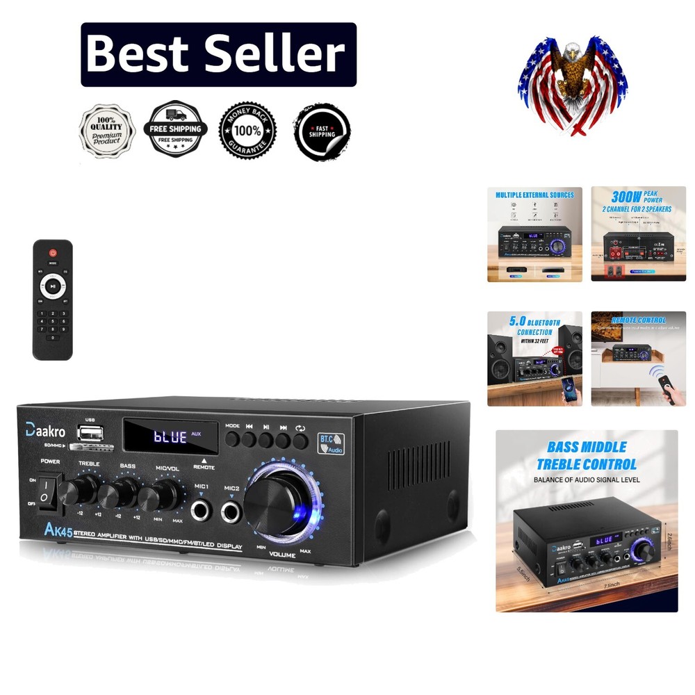 Powerful 300W Bluetooth 5.0 Stereo Amplifier for Home Theater & Wireless Audio