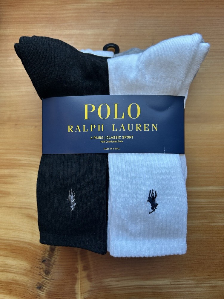 Polo Ralph Lauren Men's White Black Grey Sport Crew Socks 6-Pack Size 10-13