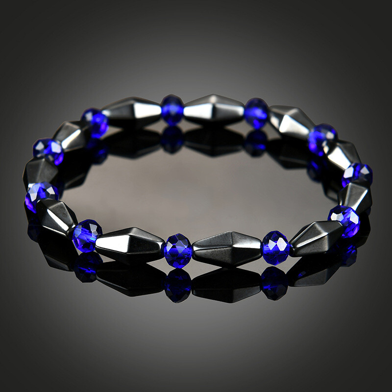 Unique Natural Energy Stone Healing Hematite with Blue Crystal Beads Bracelet