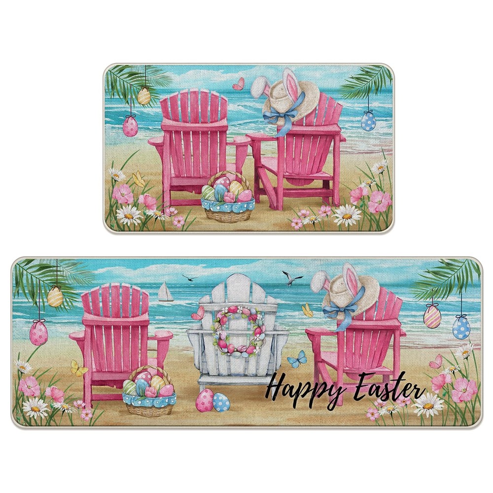 Happy Easter Pink Chair Kitchen Rugs Set of 2 with Coastal Eggs and Bunnies Design