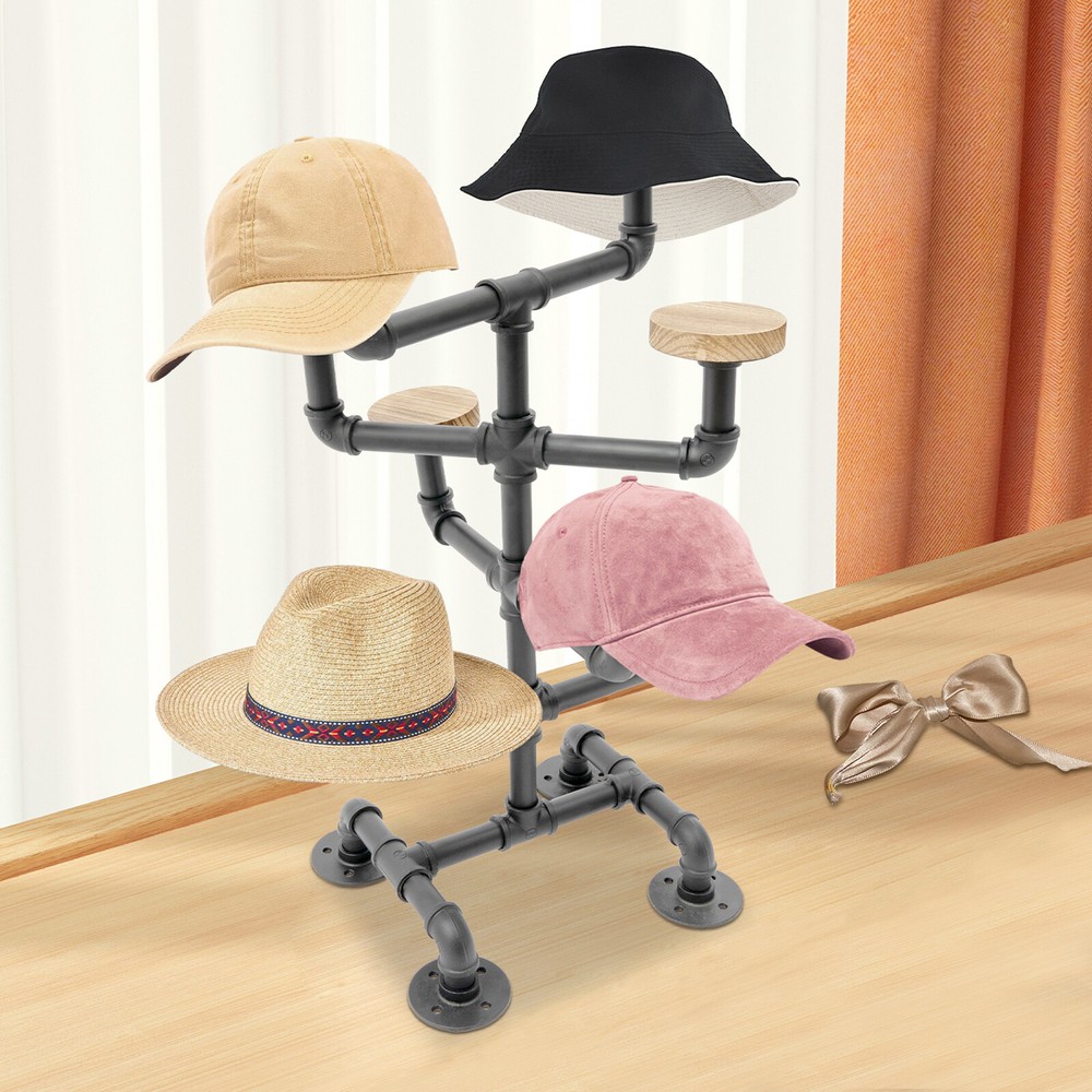 Black 4-Tier Industrial Hat Stand with 8 Round Hooks