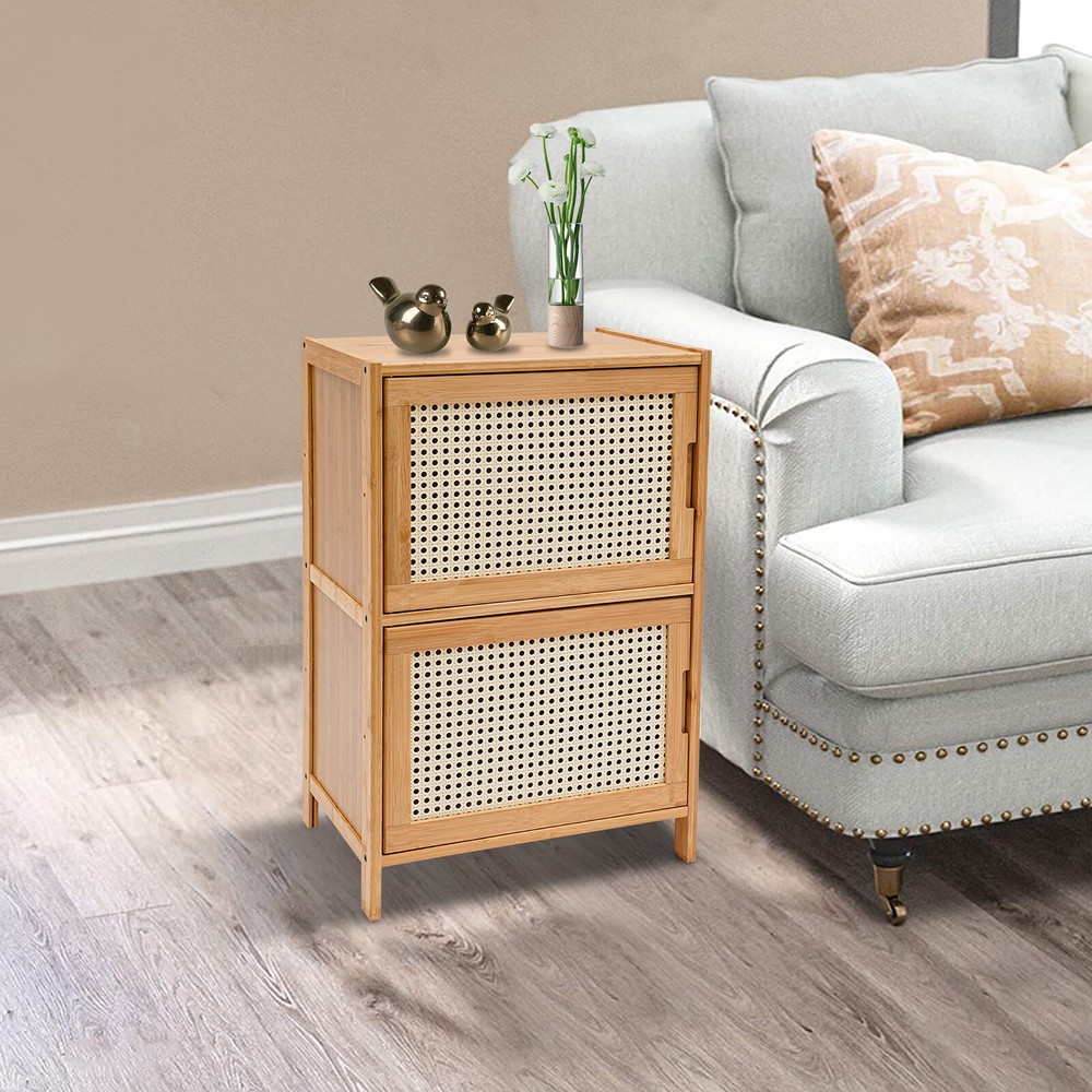 End Side Bedside Table Nightstand Sideboard w/ Rattan Decorated Drawers Storage