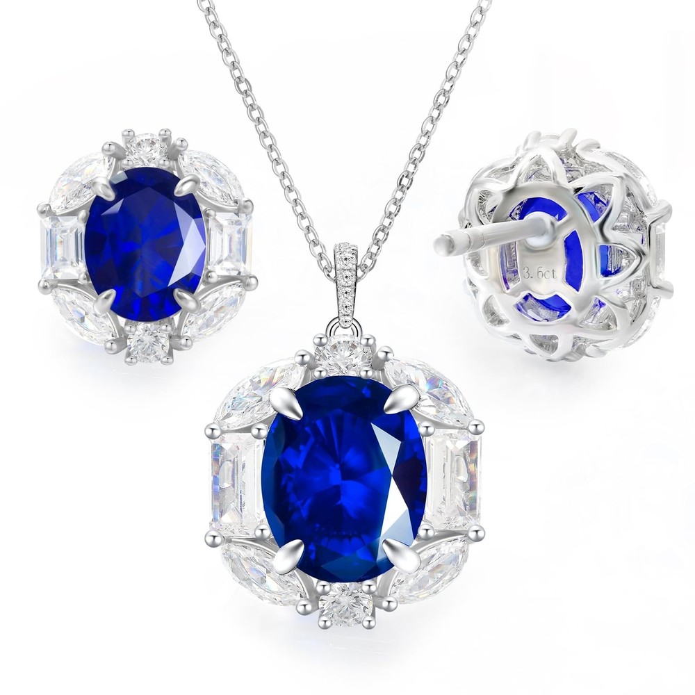 Royal Blue Jewelry Set for Women, White Gold Plated Oval Halo Cubic Zirconia ...