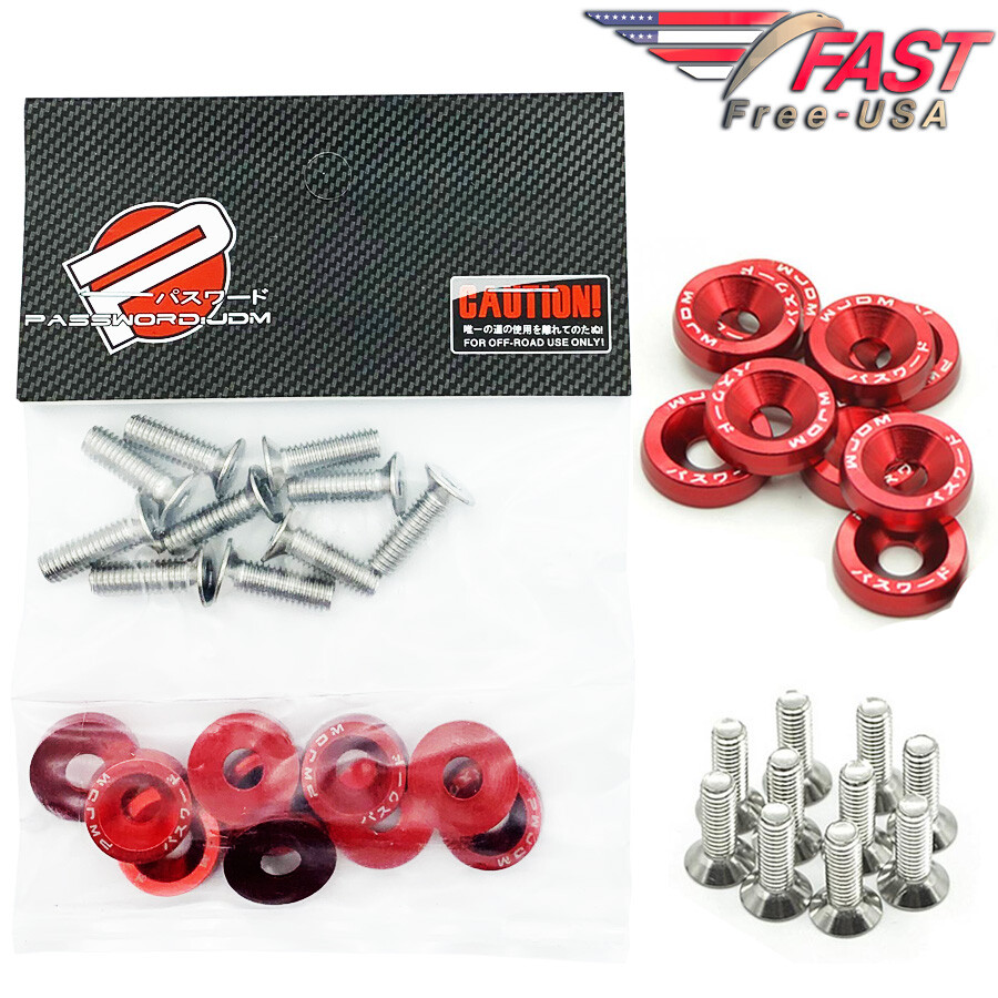 Password JDM RED ALUMINUM Fender Washers 10 PC Bumper Bolt Engine Dress Up Kit-image