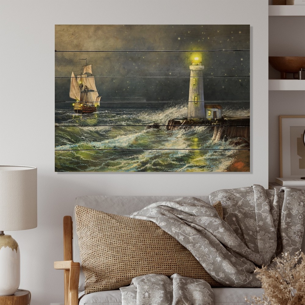 Designart 'Lighthouse On The Beach' Nautical & Coastal Wood