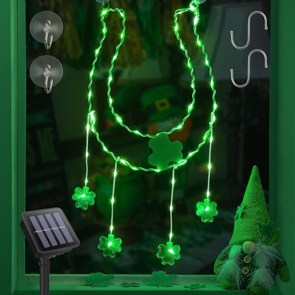 St Patricks Day 12In 59 LED Solar Horseshoe Shamrock Outdoor Lights