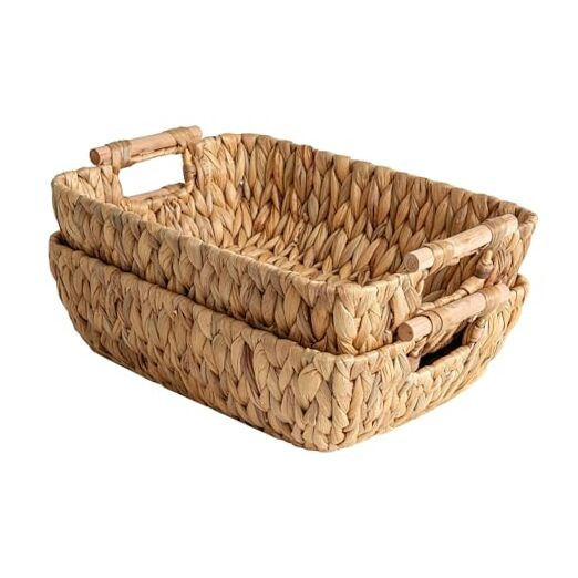 Hand-Woven Large Storage Baskets with Wooden Medium Natural(Water Hyacinth)