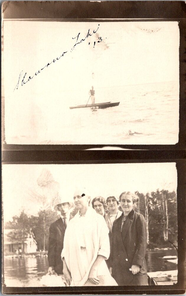 Shawano Lake Wisconsin Man on Boat and Group of Women 1913 RPPC Postcard   16251